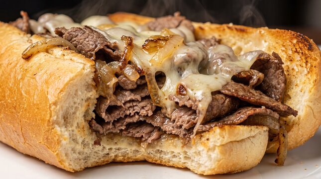Philly cheesesteak sandwich with a bite mark