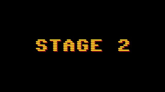 Retro video game text display for 'STAGE 2' in pixelated golden yellow font against a dark background