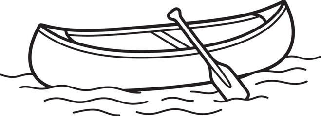 A simple black and white outline of a wooden canoe boat floating on water waves with a single paddle resting across the gunwales on a white background, also transparent background © PixelSaga MH2 