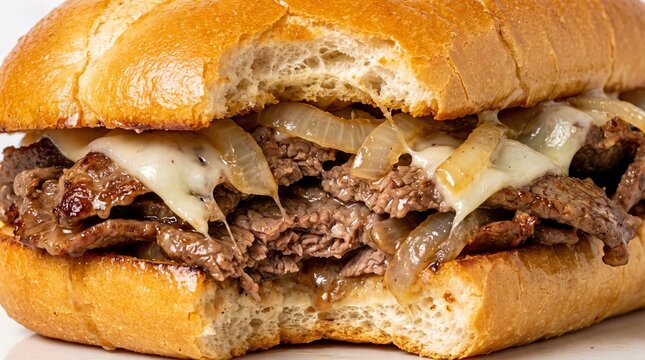 Philly cheesesteak sandwich with a bite mark