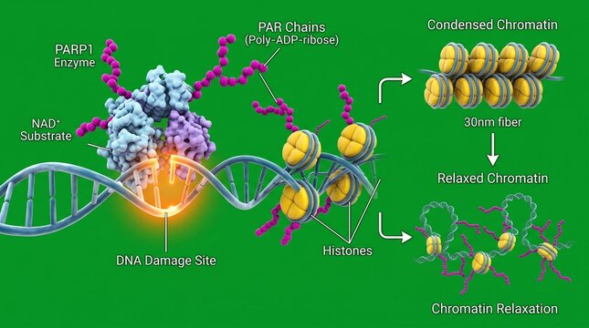 PARP1 enzyme modifying histones and DNA structure for chromatin remodeling and gene regulation