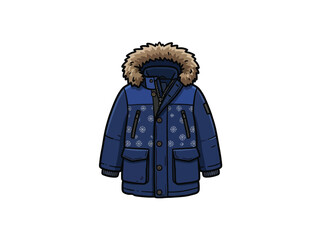 Blue Winter Coat With Fur Hood And Snowflake Pattern Vector Illustration © Dimaz