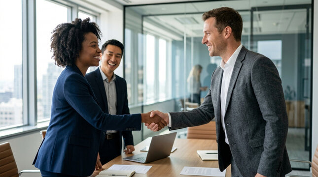 Business handshake: diverse professionals in modern office, collaboration and success.