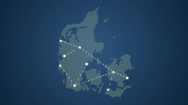 Denmark Map with Connected Straight Lines Representing Global Signal Transmission