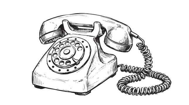Vintage rotary phone sketch, antique landline telephone illustration, retro communication device vector, hand drawn nostalgic office equipment