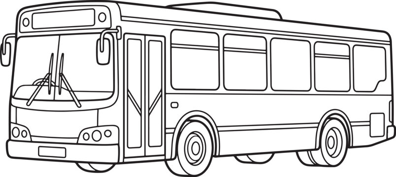 Black and white line of a modern city transit bus side and front view, isolated on a white background, also transparent background