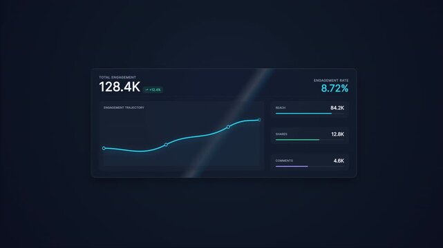 A premium, dark-themed digital HUD animation featuring a sophisticated glassmorphism (frosted glass) dashboard layout. The interface displays high-tech "ENGAGEMENT ANALYTICS" with a large focal "128.4