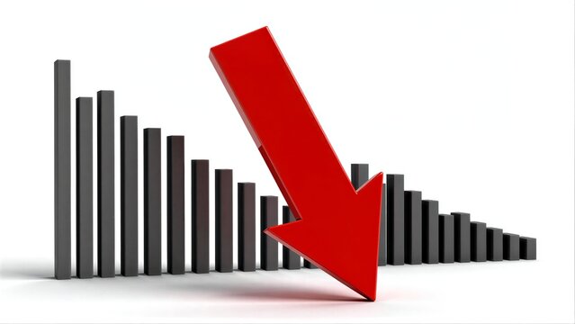 Red arrow points down over declining grey bars, symbolizing market downturn.