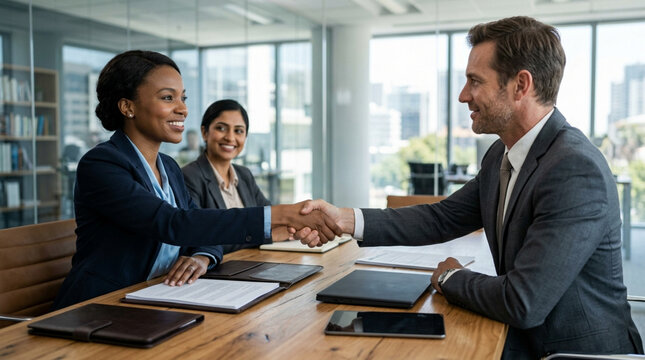 Business handshake in modern office meeting with diverse team