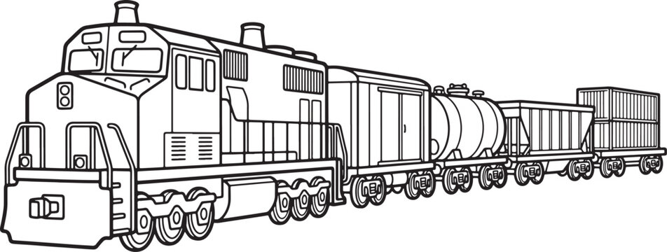 Black and white line coloring book page of a long freight train locomotive pulling various cargo cars including boxcar tank car hopper and flatbed container cars also transparent background