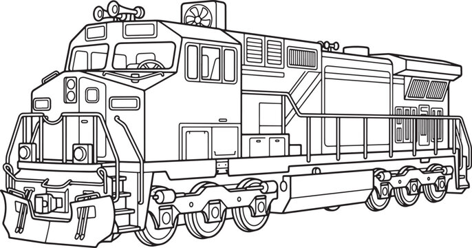 Black and white line coloring book page showing a powerful diesel electric railway locomotive train engine with front plow and multiple wheels also transparent background