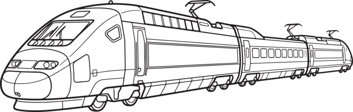 Detailed line coloring page of a modern speed passenger train with multiple cars and pantographs rail also transparent background
