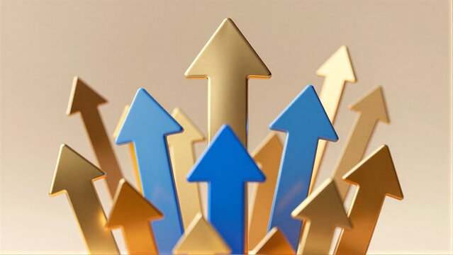Golden and blue arrows point upward, symbolizing growth and positive trends.