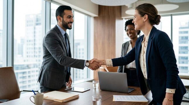 Business handshake in modern office, successful deal, diverse team