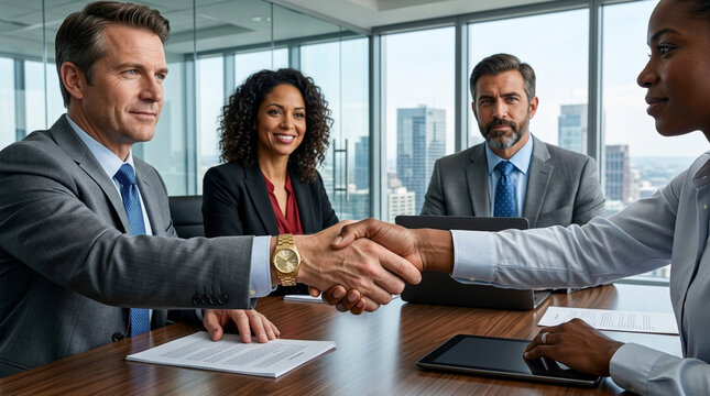 Business handshake meeting diverse professionals in modern office with city view