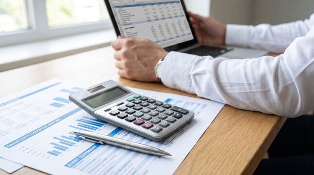 A business person working with a laptop calculator and financial documents on a wooden desk with professional reviews financial reports audit summaries using laptop computer desk calculator office