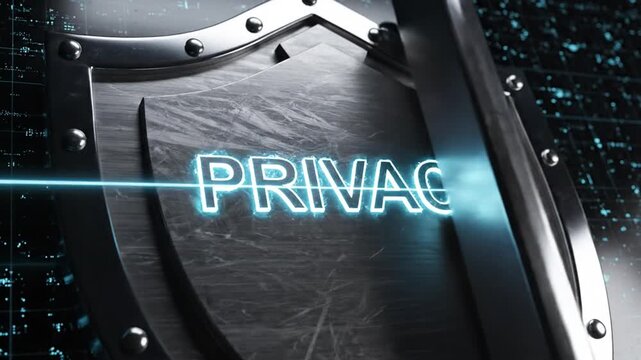 Metallic shield with glowing blue neon privacy text