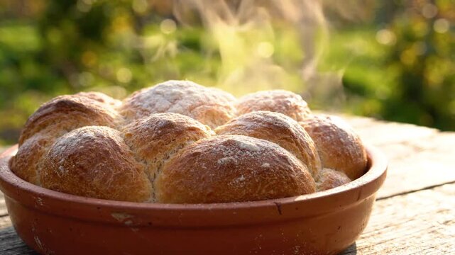 Freshly Baked Bread Rolls Steaming in Clay Pot Outdoors