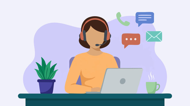 Online customer support agent working on laptop with headset and communication icons