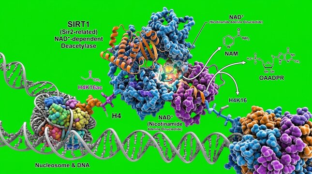 SIRT1 enzyme regulating chromatin and DNA metabolism molecular biology illustration