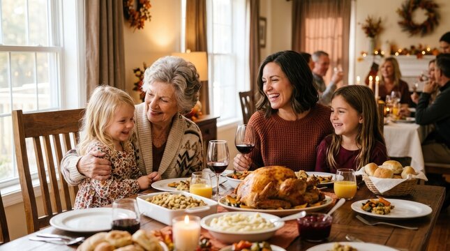 A heartwarming thanksgiving gathering showcases a multi generational family sharing a delicious meal laughter and cherished moments around a beautifully set dining table creating