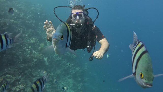 Scuba diver man waiving hands underwater with colorful fish swimming around in red sea Hurgada, Egypt