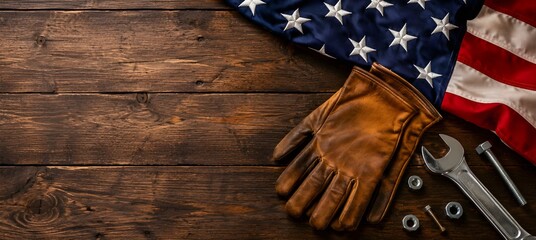 Obraz premium American National Holiday. US Flags with American stars, stripes and national colors. Construction and manufacturing tools on wooden background. Labor day background concept.