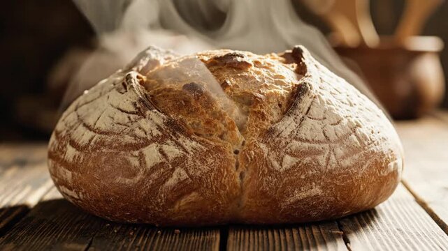 Freshly Baked Sourdough Bread Steaming on Wooden Table