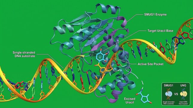 SMUG1 enzyme removing uracil from DNA strand, molecular biology scientific illustration.