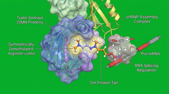 SMN protein binding to dimethylated arginine residue in molecular biology visualization.