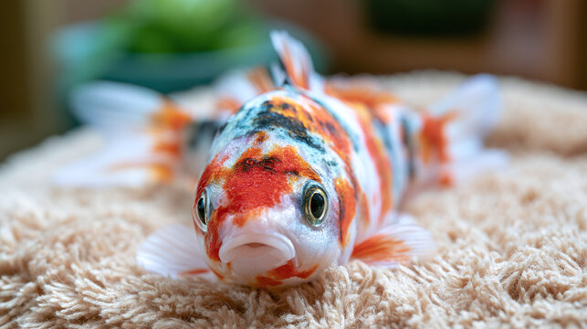 Fancy goldfish Carassius auratus pet rest on a soft fabric towel surface