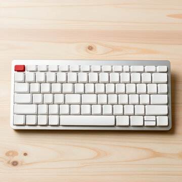 Minimalism and productivity, modern wireless mechanical keyboard with red escape key on wooden desk for remote work and creative office workspace setup