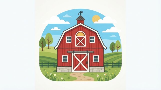Red barn building in a green farm landscape pixel art illustration