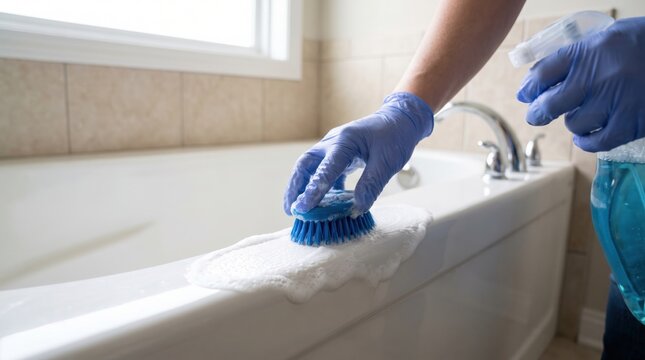 A person wearing blue gloves scrubs a white porcelain bathtub with a cleaning brush and spray bottle bathroom scrubbing tub