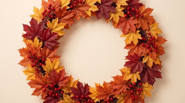 Autumn fall wreath made of colorful maple leaves on a neutral background