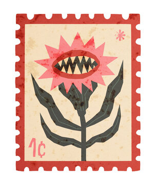 Vintage Halloween Paper Postage Stamp with Carnivorous Flower. Funny retro mark with monster plant and sharp tooth for spooky holiday journal and collage design