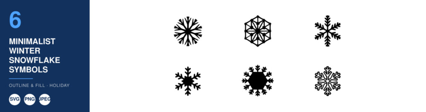 Minimalist Winter Snowflake Symbols Set, Outline and Fill Design, Holiday Graphic Elements, Conceptual Illustration.