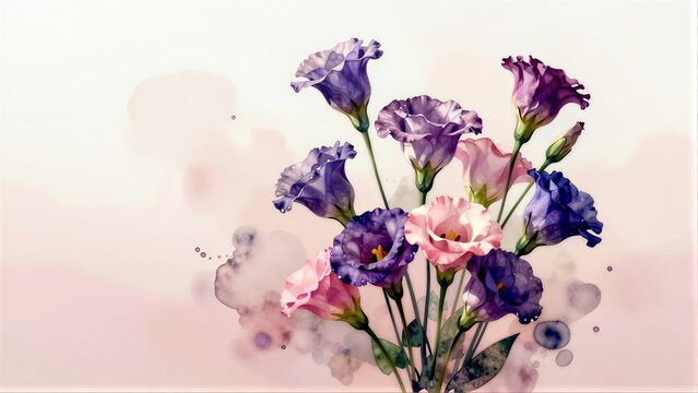 Purple and pink flowers bloom gracefully against a soft, dreamy background.