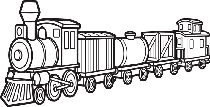 Detailed black and white coloring book page featuring a vintage steam locomotive with a tender, boxcar, oil tanker, and caboose traveling on a railroad track, retro train also transparent background