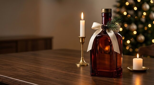 Festive holiday scene with a bottle of amber liquid decorated with a bow and pine sprig alongside lit candles and a decorated Christmas tree
