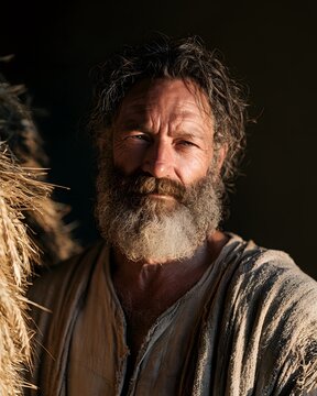 Portrait of a weathered middleaged man with a beard, dressed in rustic ancient clothing, standing near wheat stalks
