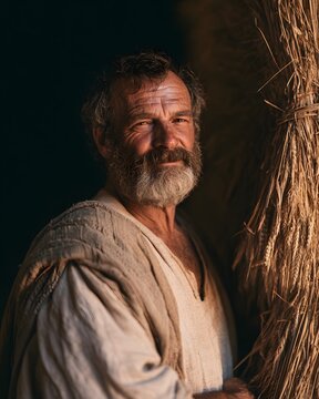 Portrait of a smiling middleaged man with a beard, wearing rustic clothing, standing beside a bundle of wheat