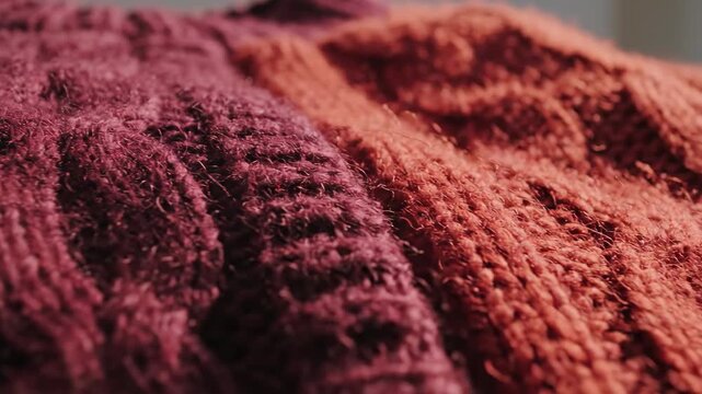 Extreme close-up of warm knitted sweaters in burgundy and orange. Detailed macro shot of soft wool yarn texture and cable knit pattern. Autumn clothing retail