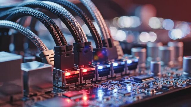 Network cables plugged into motherboard with glowing lights