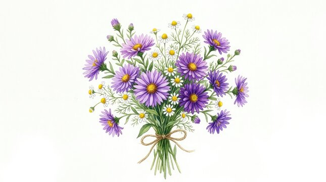 Watercolor bouquet of purple asters and daisies