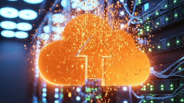 Orange cloud upload icon in digital server room