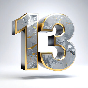 Gold number thirteen on marble background