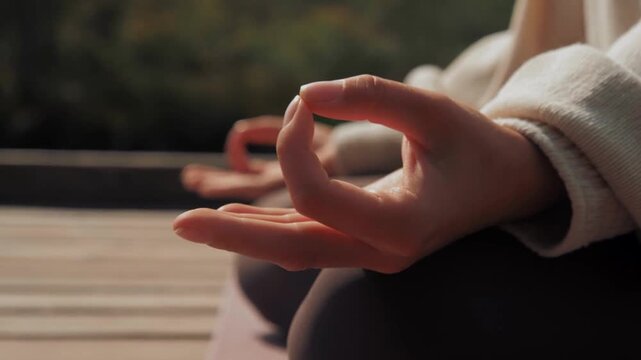 Yoga, hands and girl with meditation for mindfulness, holistic healing and calm energy. Zen, peaceful woman in nature with namaste, wellness and breathing for mental health. Lotus position pose. sport