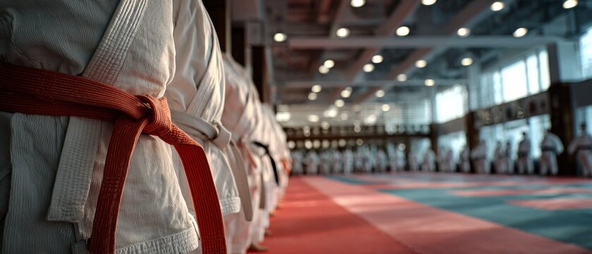 Close up of martial arts practitioners in white uniforms with colored belts standing in a line inside a large dojo with blurred.
