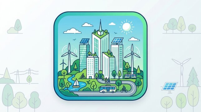 Green eco city illustration with wind turbines and solar panels
